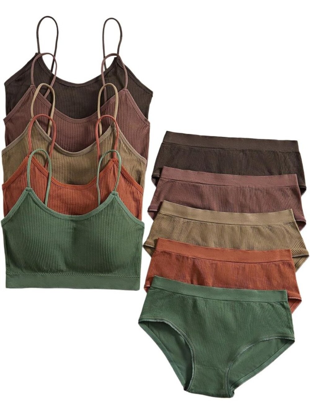 5-Piece Women's Ribbed Knit Lingerie Set - Seamless Wireless Bra & Panty Briefs